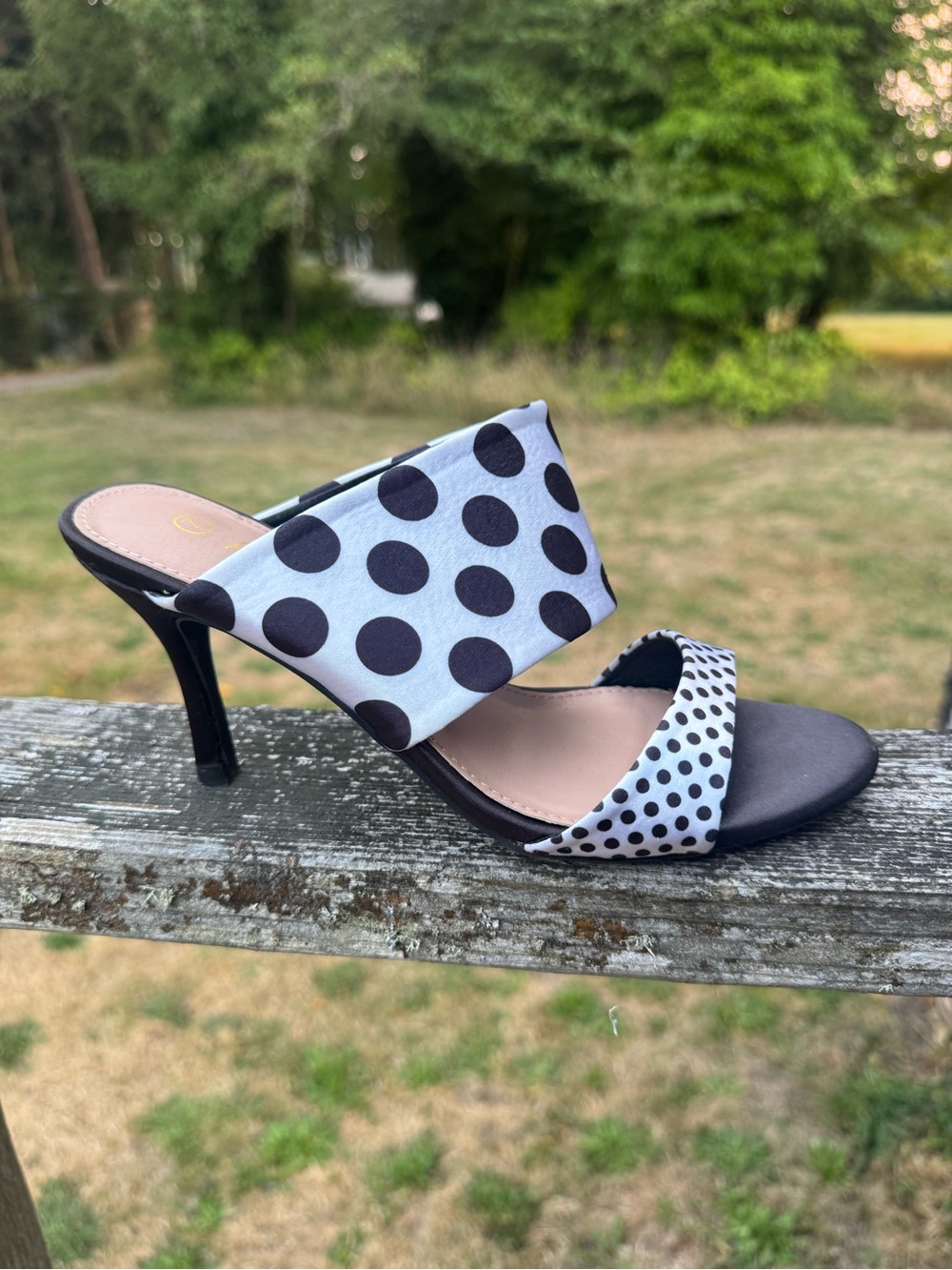 Allegra K Black & White Polka Dot Two-Band High Heel Slide